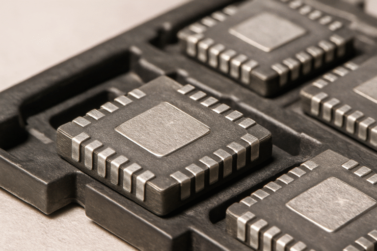 QFN/LGA semiconductor packages on tray with thermal pad visible