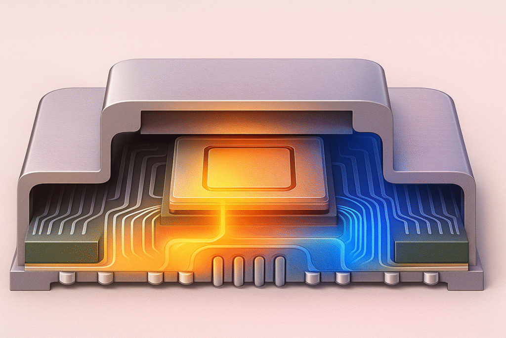 Semiconductor package cross-section illustrating thermal path and cooling.