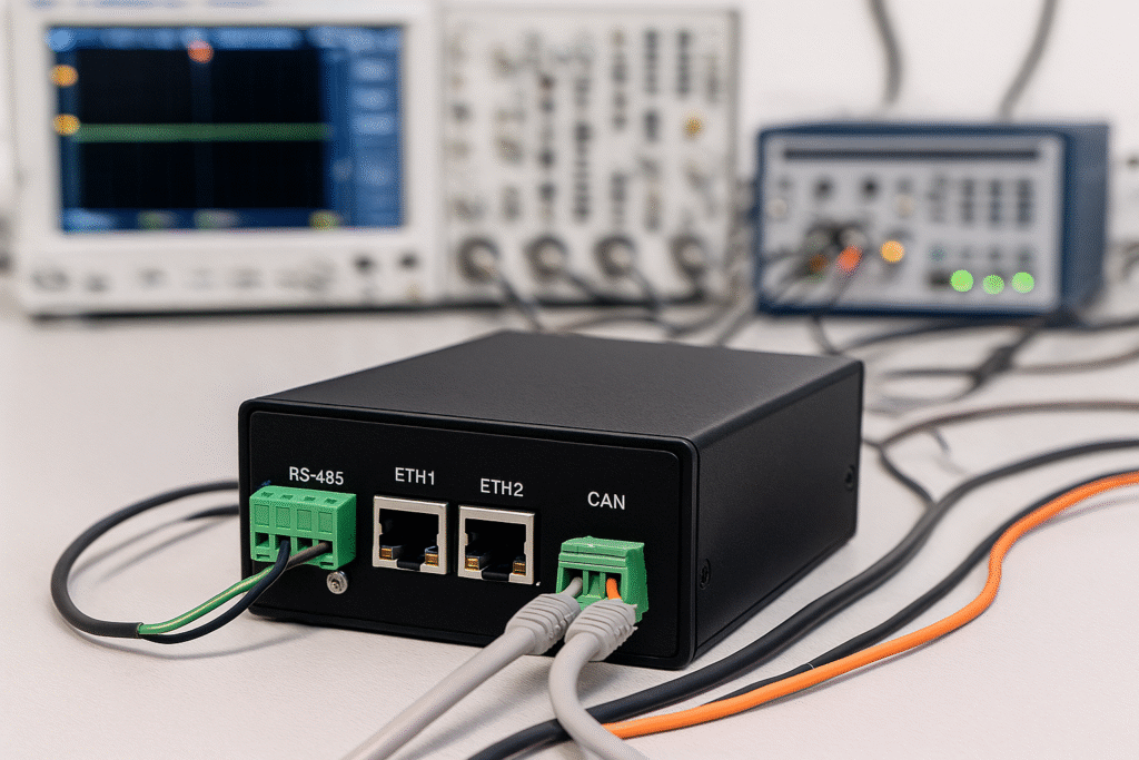 Gateway with RS-485, CAN, and Ethernet on test bench